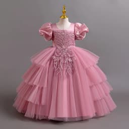 New Girls' Clothing Long Wedding Bridesmaid Dress Suitable for Children Elegant Girls Bubble Sleeves Christmas Performance Dress