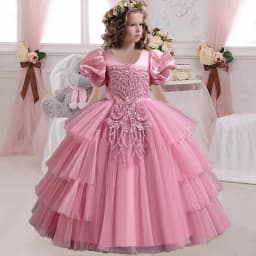 New Girls' Clothing Long Wedding Bridesmaid Dress Suitable for Children Elegant Girls Bubble Sleeves Christmas Performance Dress