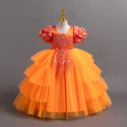 New Girls' Clothing Long Wedding Bridesmaid Dress Suitable for Children Elegant Girls Bubble Sleeves Christmas Performance Dress