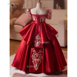 Party Dress Red Children Girls Pageant Host Birthday Wedding Flower Girl Piano Recital Performance Gown Toddler Formal Dresses
