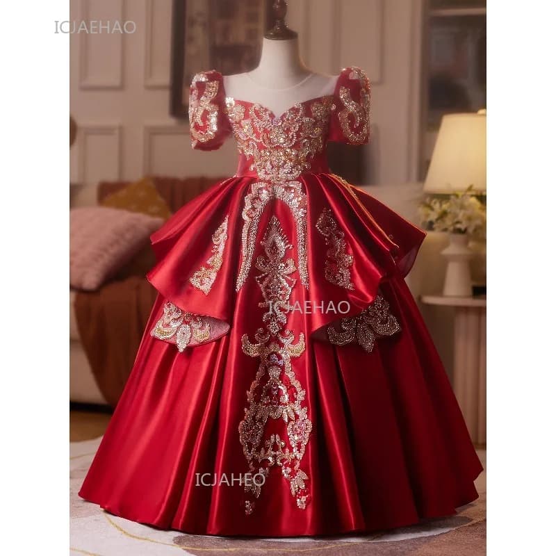 Party Dress Red Children Girls Pageant Host Birthday Wedding Flower Girl Piano Recital Performance Gown Toddler Formal Dresses