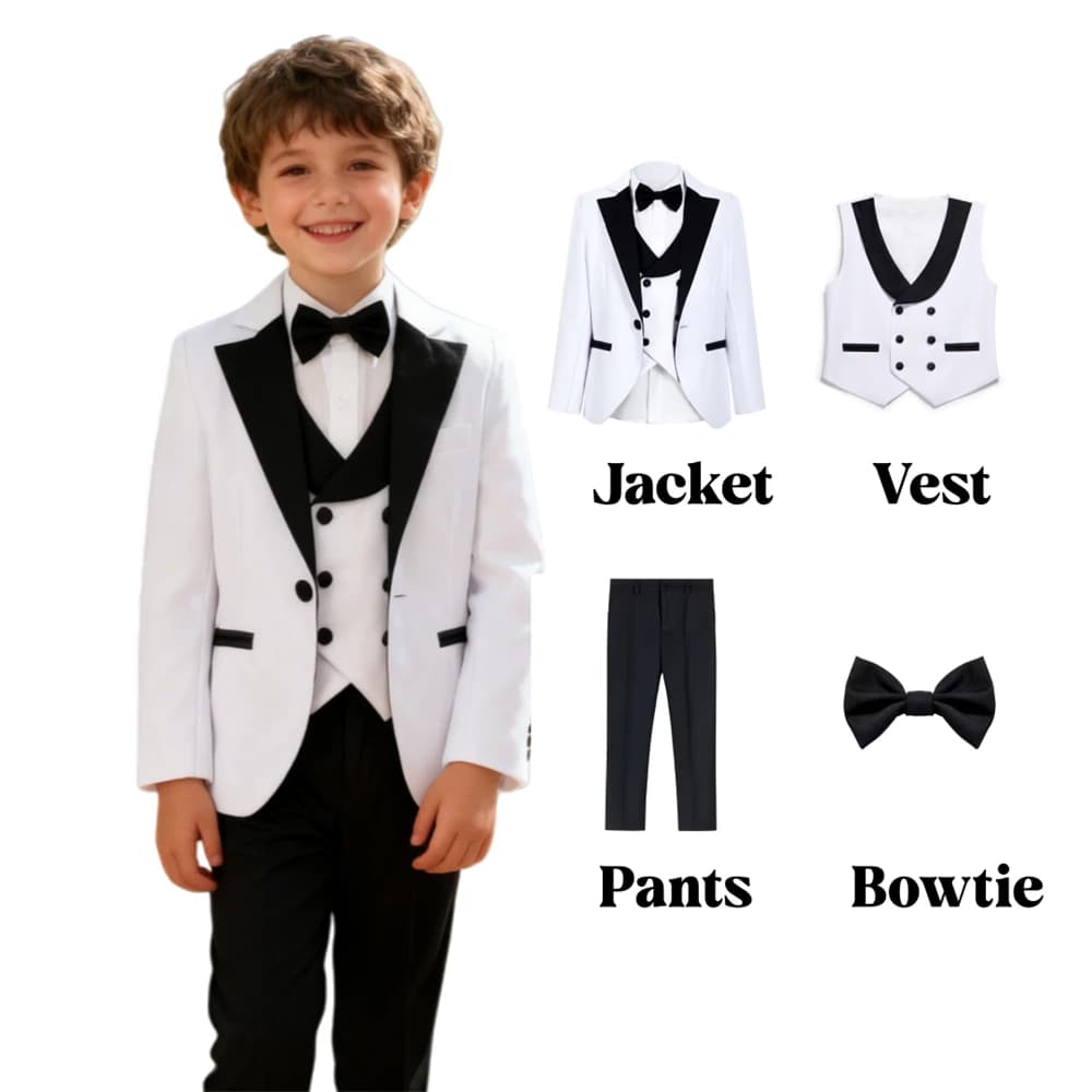 DTLumika Brand Suit Set for Boys 3-14 Yrs, Classic Black Collar Suit Jacket Vest Pants Bowtie Set, Communion Party Suits Toddler