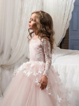 Elegant and Lovely butterfly Floor Mopping Flower Girl Wedding Dress, Lace Long-Sleeved Ball Dress