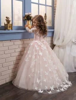 Elegant and Lovely butterfly Floor Mopping Flower Girl Wedding Dress, Lace Long-Sleeved Ball Dress