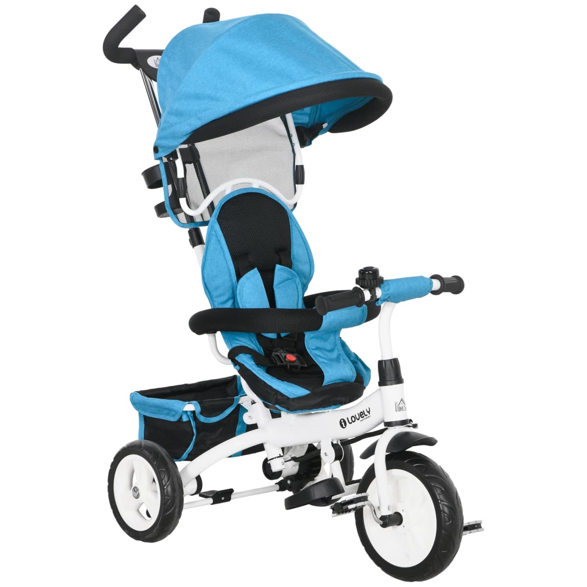 Homcom Evolutionary Tricycle for Children +12 Months with Folding Awning, Telescopic Push Handle and Safety Belt Blue