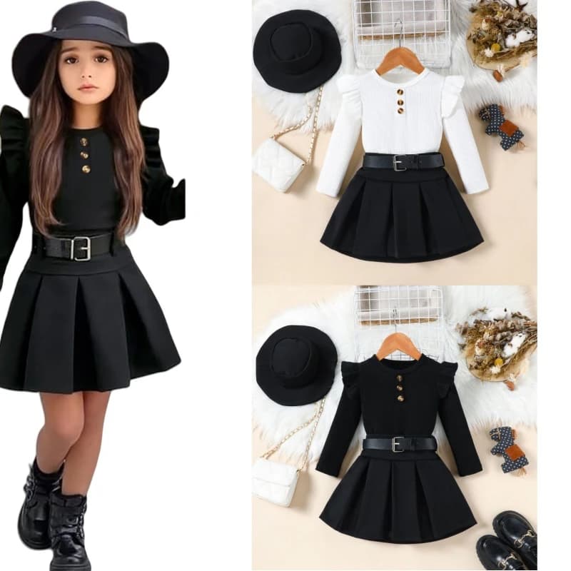 2025 Autumn And Winter Outfits Kids Girls' 3 Pcs Set Dress + Belt + Hat New Clothes For Baby Girls Toddler Clothing For 2-8Year