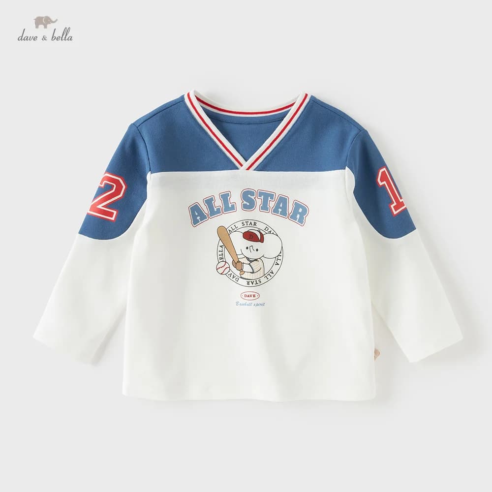 Dave Bella Children Cotton Pullover Spring Autumn Boys Clothes Kids Cartoon Print V-neck T-shirt Baby Long Sleeve Tops DB1260789