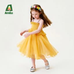 Amila 2026 Summer New Girls' Dress With Soft Mesh Gentle Temperament Sweet And Cute Fluffy Camisole Vest Skirt