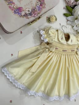 Summer Girl Sweet Handmade Embroidery Flower Double Bow Yellow Smoked Dress for Casual Party Birthday Wedding Photography A428