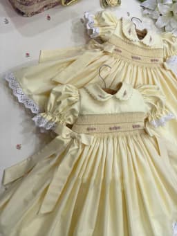 Summer Girl Sweet Handmade Embroidery Flower Double Bow Yellow Smoked Dress for Casual Party Birthday Wedding Photography A428