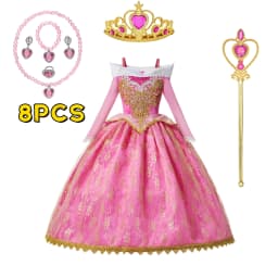 Muababy Sleeping Beauty Pink Off Shoulder Gown for Girls Long Sleeve Princess Halloween Party Cosplay Costume 2-8Y Birthday Gift