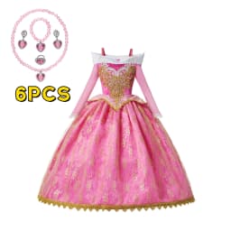 Muababy Sleeping Beauty Pink Off Shoulder Gown for Girls Long Sleeve Princess Halloween Party Cosplay Costume 2-8Y Birthday Gift