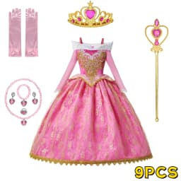 Muababy Sleeping Beauty Pink Off Shoulder Gown for Girls Long Sleeve Princess Halloween Party Cosplay Costume 2-8Y Birthday Gift