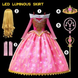 Muababy Sleeping Beauty Pink Off Shoulder Gown for Girls Long Sleeve Princess Halloween Party Cosplay Costume 2-8Y Birthday Gift