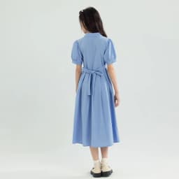 Girls Blue White Cotton Preppy Shirt Midi Dress Collared Button Down Puff Sleeve Back Bow Casual School Summer Kids Sundress