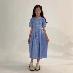 Girls Blue White Cotton Preppy Shirt Midi Dress Collared Button Down Puff Sleeve Back Bow Casual School Summer Kids Sundress