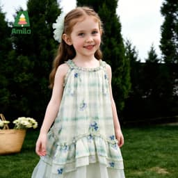 Amila 2026 Summer New Style Girls' Dress Watercolor Gradient Floral Ruffle Mesh Gentle And Sweet Literary Style Strap Dress