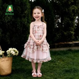 Amila 2026 Summer New Style Girls' Dress Watercolor Gradient Floral Ruffle Mesh Gentle And Sweet Literary Style Strap Dress