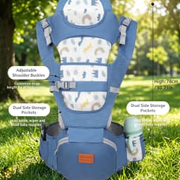 Blue Breathable Mesh Baby Carrier with Cute Cartoon Print, Ergonomic Infant Sling with Hip Seat, Hands-Free Newborn to Toddler H