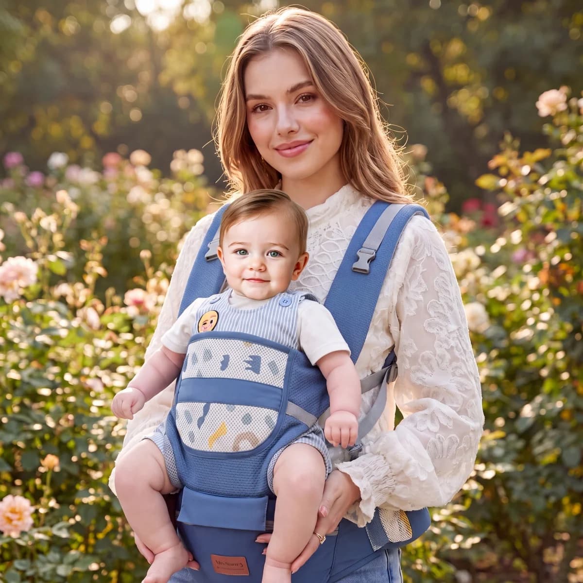 Blue Breathable Mesh Baby Carrier with Cute Cartoon Print, Ergonomic Infant Sling with Hip Seat, Hands-Free Newborn to Toddler H