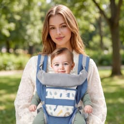 Blue Breathable Mesh Baby Carrier with Cute Cartoon Print, Ergonomic Infant Sling with Hip Seat, Hands-Free Newborn to Toddler H