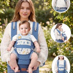 Blue Breathable Mesh Baby Carrier with Cute Cartoon Print, Ergonomic Infant Sling with Hip Seat, Hands-Free Newborn to Toddler H