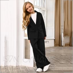 Girls Black 2 Piece Suit Single Breasted Blazer Notch Lapel Wide Leg Pants Set Kids Formal Birthday Wedding Party Fashion Outfit