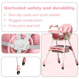 (6+ Months) 4 In 1 Foldable Baby High Chair For Babies And Toddlers With Detachable Pu Cushion, Removable Tray, Adjustable Height With Wheels Easy-To-Clean Feeding Design