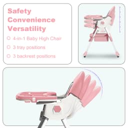 (6+ Months) 4 In 1 Foldable Baby High Chair For Babies And Toddlers With Detachable Pu Cushion, Removable Tray, Adjustable Height With Wheels Easy-To-Clean Feeding Design