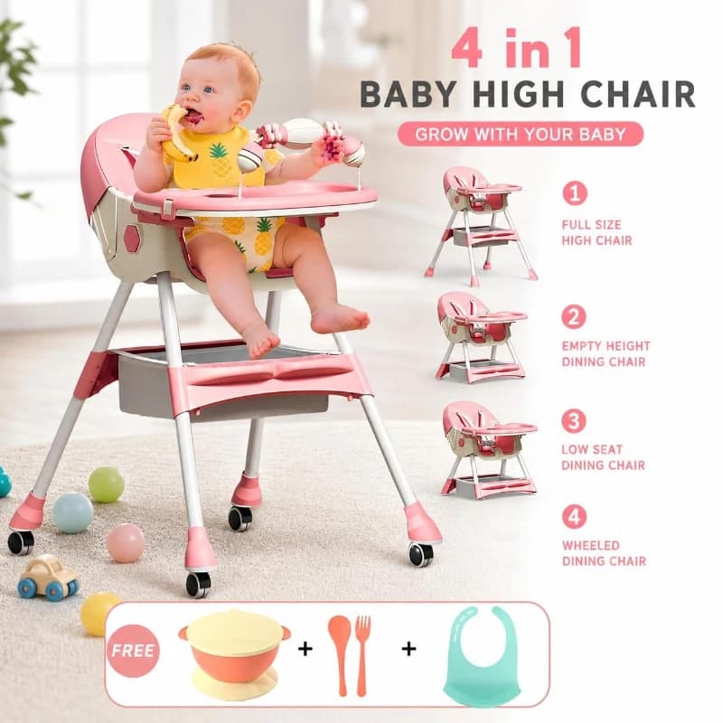 (6+ Months) 4 In 1 Foldable Baby High Chair For Babies And Toddlers With Detachable Pu Cushion, Removable Tray, Adjustable Height With Wheels Easy-To-Clean Feeding Design
