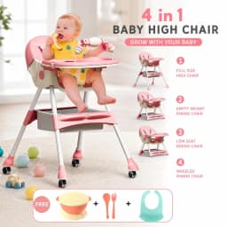 (6+ Months) 4 In 1 Foldable Baby High Chair For Babies And Toddlers With Detachable Pu Cushion, Removable Tray, Adjustable Height With Wheels Easy-To-Clean Feeding Design