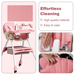 (6+ Months) 4 In 1 Foldable Baby High Chair For Babies And Toddlers With Detachable Pu Cushion, Removable Tray, Adjustable Height With Wheels Easy-To-Clean Feeding Design