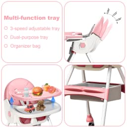 (6+ Months) 4 In 1 Foldable Baby High Chair For Babies And Toddlers With Detachable Pu Cushion, Removable Tray, Adjustable Height With Wheels Easy-To-Clean Feeding Design