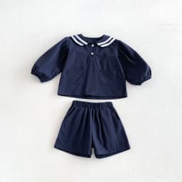 2026 Summer New Boys Girls Sailor Collar Clothes Set Children Long Sleeve Casual Lapel Shirts + Pants 2pcs Suit Toddler Outfits
