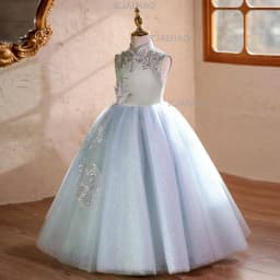 2026 Elegant Embroidery New Chinese Style Blue Green Girls Formal Host Performance Kids Long Birthday Tutu Princess Gown Dresses