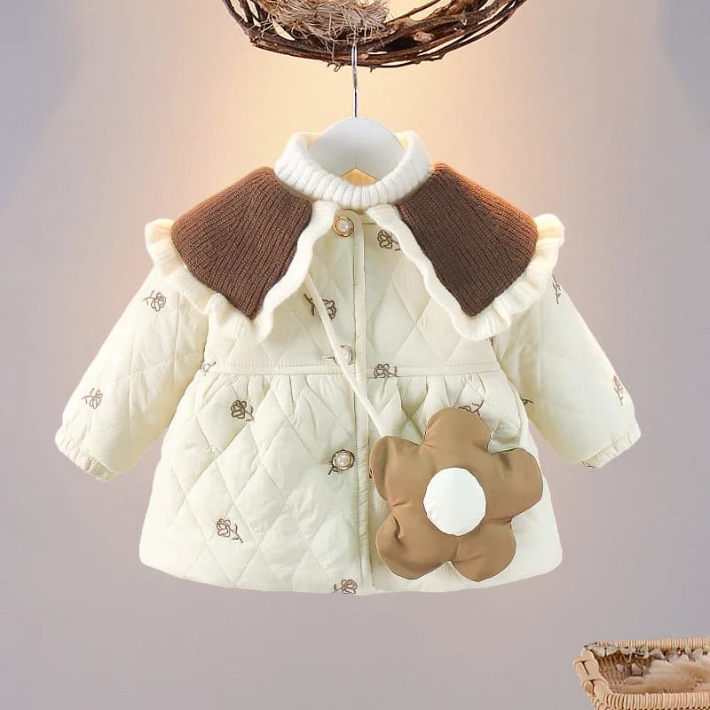 Winter Children Girl Coat Warm Thick Fleece Infant Girl Clothes Doll Collar Kid Jacket Flower Bag Elegant Toddler Outwear A1355