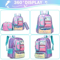 Meetbelify Mermaid Backpack for Girls Bookbag for Girls with Lunchbag and Penbag for Elementary Students