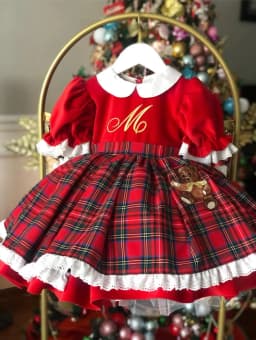0-12Y Baby Girl Autumn Winter Red Velvet Plaid Bear Embroidery Vintage Spanish Princess Ball Gown Dress for Eid Christmas C62