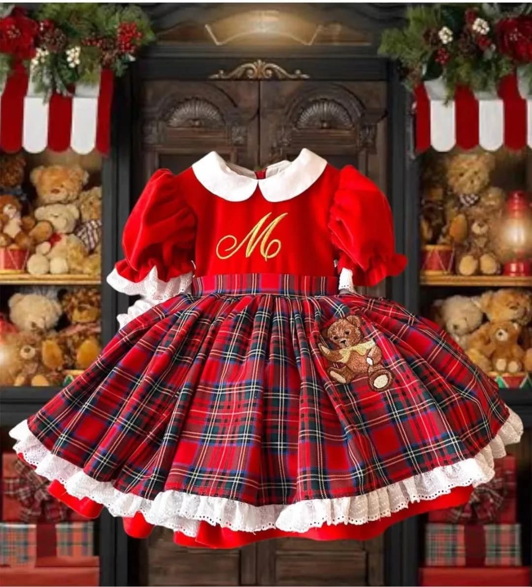 0-12Y Baby Girl Autumn Winter Red Velvet Plaid Bear Embroidery Vintage Spanish Princess Ball Gown Dress for Eid Christmas C62
