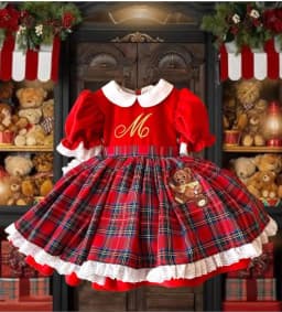 0-12Y Baby Girl Autumn Winter Red Velvet Plaid Bear Embroidery Vintage Spanish Princess Ball Gown Dress for Eid Christmas C62