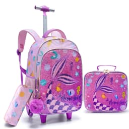 BLING BABIES 3PCS Set Rolling Backpack For Girls, Cute Cartoon Mermaid Sequin Wheeled Bookbag For Elementary Students