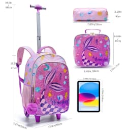 BLING BABIES 3PCS Set Rolling Backpack For Girls, Cute Cartoon Mermaid Sequin Wheeled Bookbag For Elementary Students