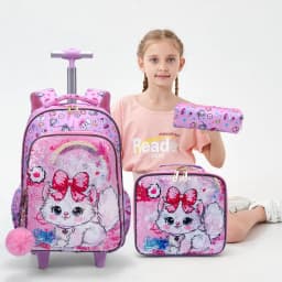 3PCS Set Rolling Backpack For Girls, Cute Cartoon Cat Sequin Design Wheeled Bags With Lunch Box And Pen Bag-Pink Red