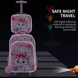3PCS Set Rolling Backpack For Girls, Cute Cartoon Cat Sequin Design Wheeled Bags With Lunch Box And Pen Bag-Pink Red