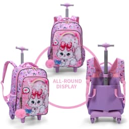 3PCS Set Rolling Backpack For Girls, Cute Cartoon Cat Sequin Design Wheeled Bags With Lunch Box And Pen Bag-Pink Red