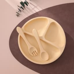 3PCS Silicone Baby Feeding Set With Suction Plate Wooden Spoon Fork BPA Free Training Tableware Dish Bowl Set Baby Shower Gifts