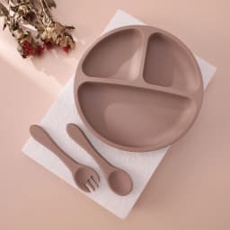 3PCS Silicone Baby Feeding Set With Suction Plate Wooden Spoon Fork BPA Free Training Tableware Dish Bowl Set Baby Shower Gifts