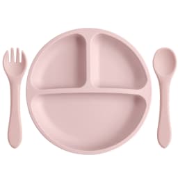 3PCS Silicone Baby Feeding Set With Suction Plate Wooden Spoon Fork BPA Free Training Tableware Dish Bowl Set Baby Shower Gifts