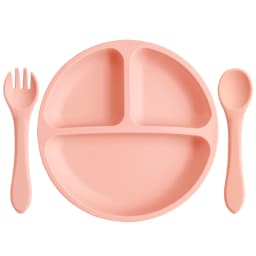 3PCS Silicone Baby Feeding Set With Suction Plate Wooden Spoon Fork BPA Free Training Tableware Dish Bowl Set Baby Shower Gifts
