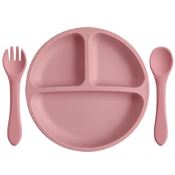 3PCS Silicone Baby Feeding Set With Suction Plate Wooden Spoon Fork BPA Free Training Tableware Dish Bowl Set Baby Shower Gifts
